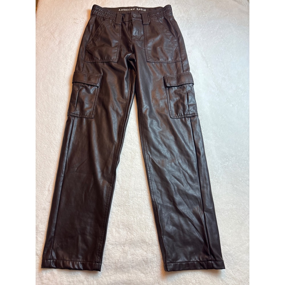 American Eagle Brown Faux Leather Cargo Pants Straight Leg High Waisted Womens 2